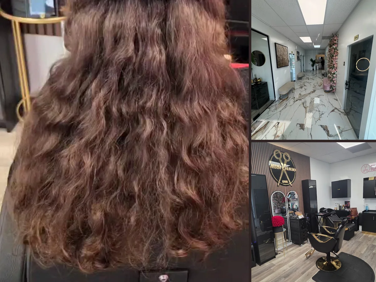 Hair salon chair with styled hair